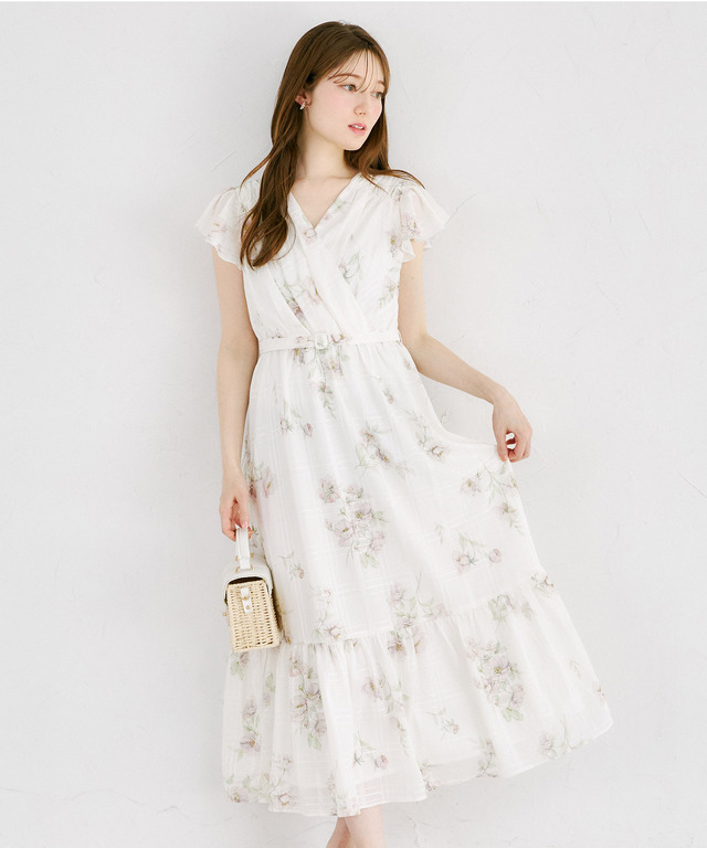 ベルト付きシアーチェック×フラワープリントカシュクールワンピース