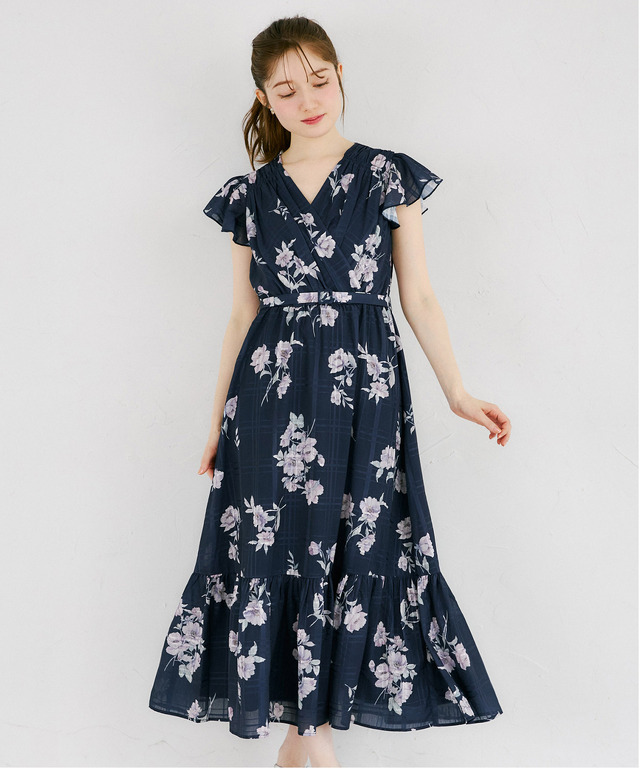 ベルト付きシアーチェック×フラワープリントカシュクールワンピース