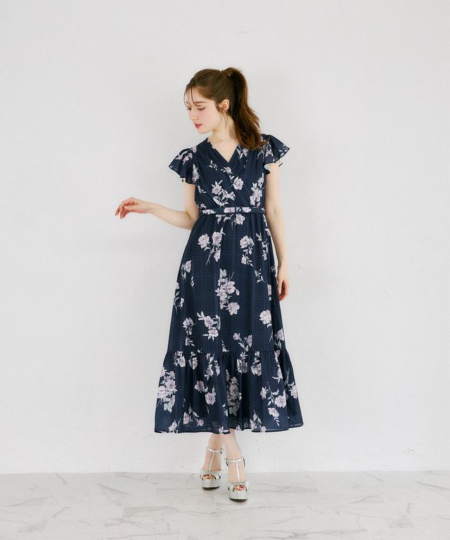 ベルト付きシアーチェック×フラワープリントカシュクールワンピース