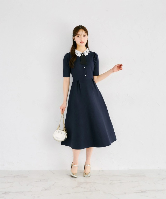 マルチＷＡＹボウタイ＆レース襟付きパール釦ニットワンピース　ラベンダーグレー トッコクローゼット tocco closet マルチWAYボウタイ＆レース襟付き