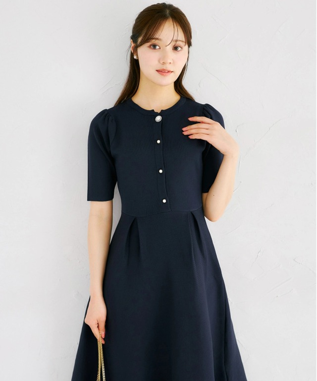 完売 トッコクローゼット 門脇伶奈 コラボワンピース ネイビー マルチWAYボウタイ＆レース襟付きパール釦ニットワンピース