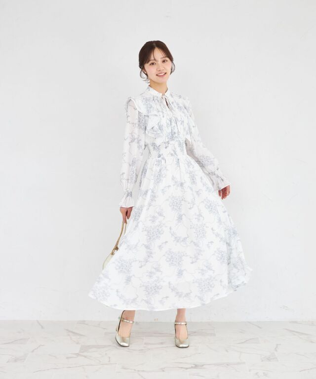 ラインフラワー×リボン柄ラッフルフリルウエストシャーリングワンピース
