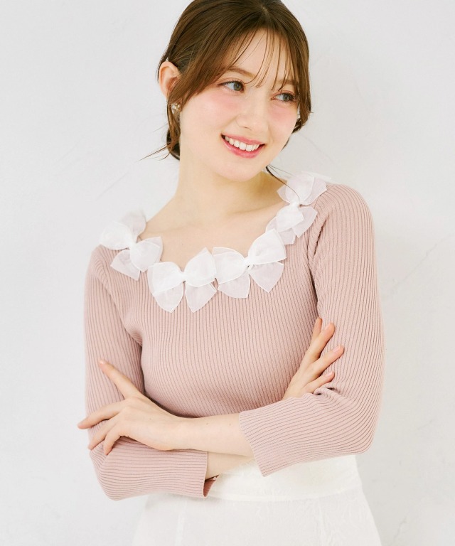 ♪00s coquette ウィッシュコア リボンオフショル シアー カットソー one after another NICE CLAUP tシャツ リボンドロストオフショル
