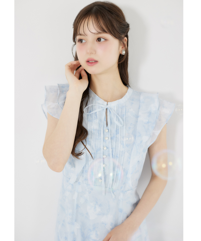 シアージャガード×ニュアンスフラワーラッフルフリルマーメイドワンピース