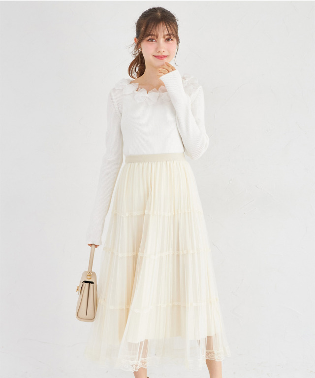 リバーシブルチュールレースプリーツスカート