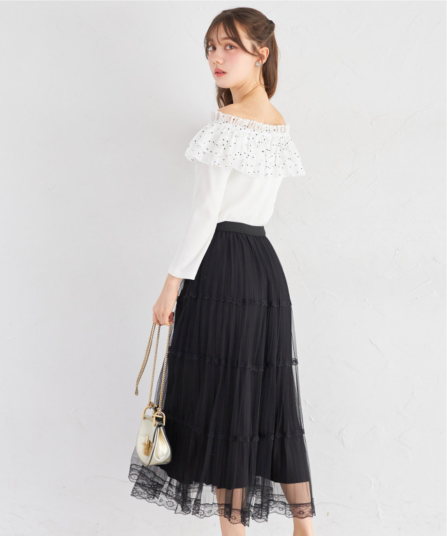 リバーシブルチュールレースプリーツスカート