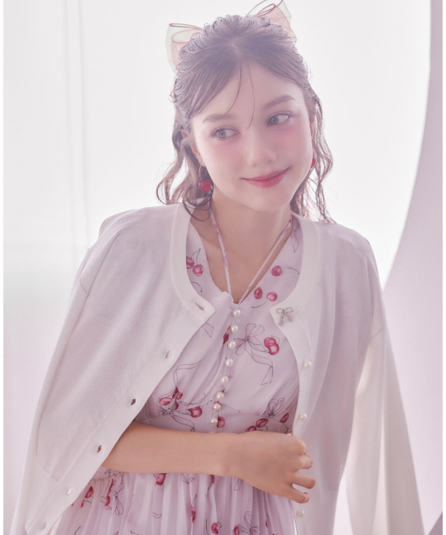 パール付きチェリー×リボンプリントネックリボンプリーツワンピース