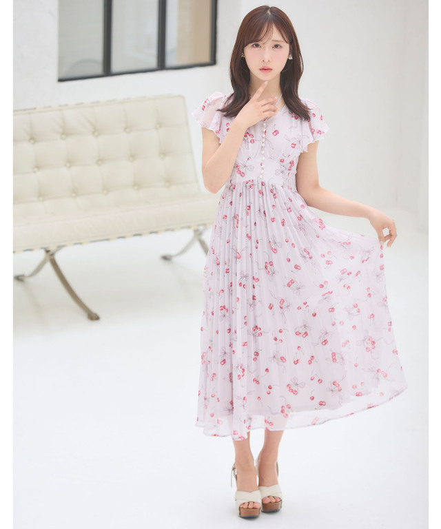 パール付きチェリー×リボンプリントネックリボンプリーツワンピース