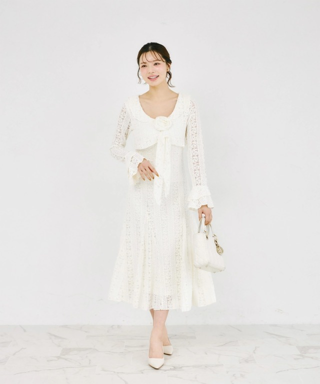 フラワーモチーフレースラッフルワンピース