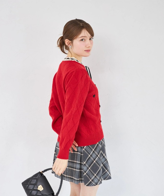 リボン×レース付きハートモチーフ装飾ニットカーディガン