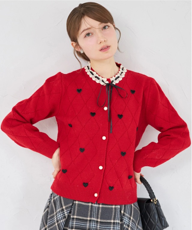 リボン×レース付きハートモチーフ装飾ニットカーディガン