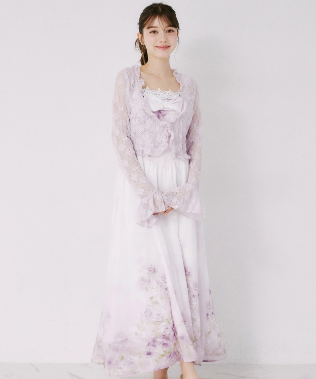 フリルレースボレロ×リボンレース装飾フラワーパネルプリント フリルレースボレロ×リボンレース装飾フラワーパネルプリント