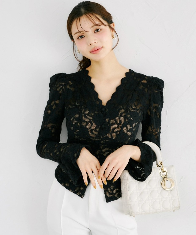 カップ付き裏起毛シースルー風レースプルオーバー