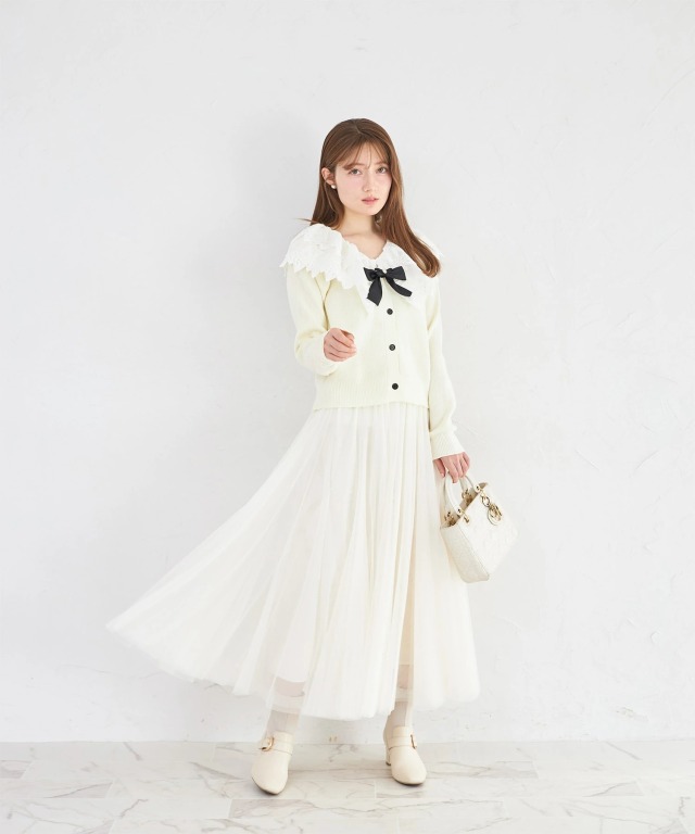 リボンモチーフ付きレースカラーニットカーディガン