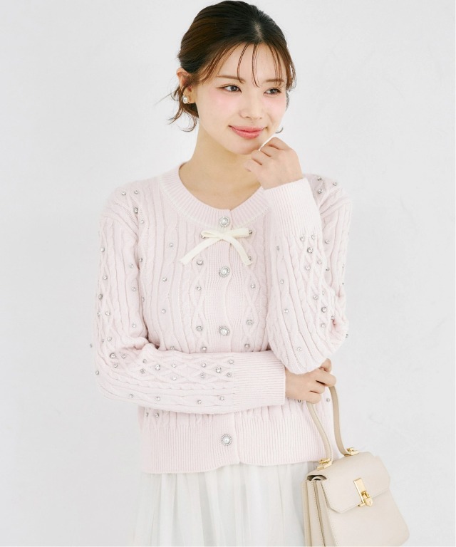 ビジュー＆リボン付きバイカラーケーブル編みニットカーディガン