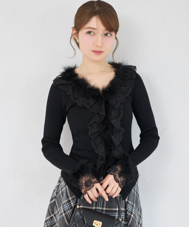 ファー＆レースフリル付きニットプルオーバー