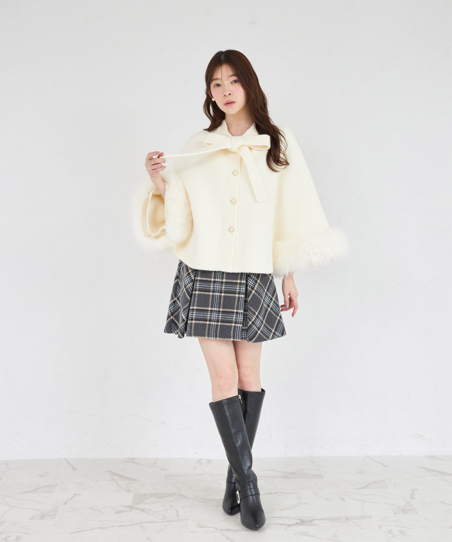 2WAYファー付きボウタイリボンケープライクコート