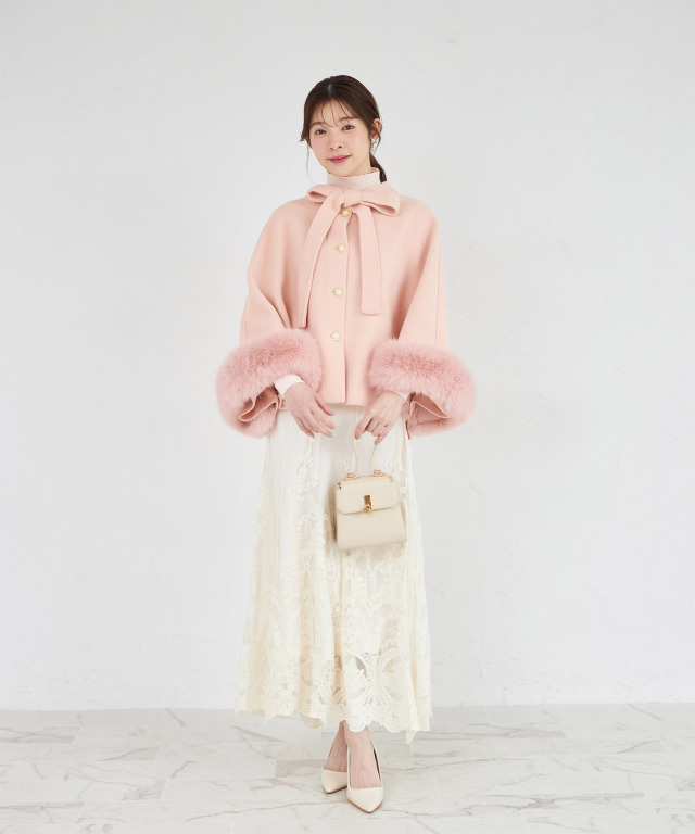 2WAYファー付きボウタイリボンケープライクコート