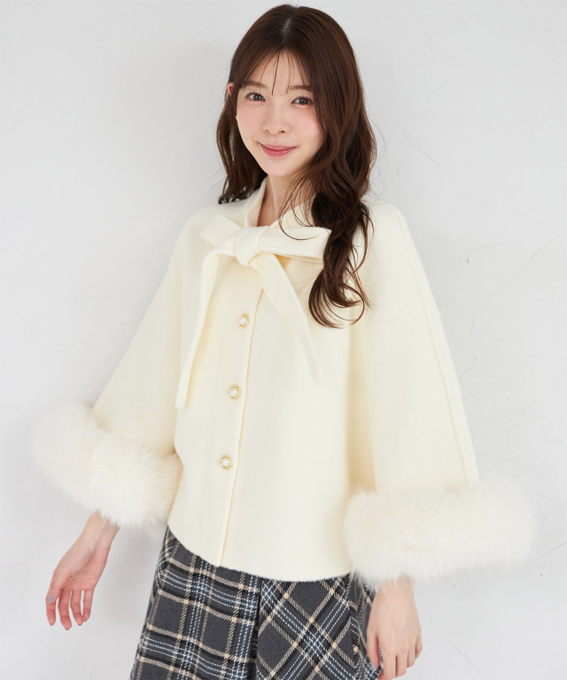 2WAYファー付きボウタイリボンケープライクコート