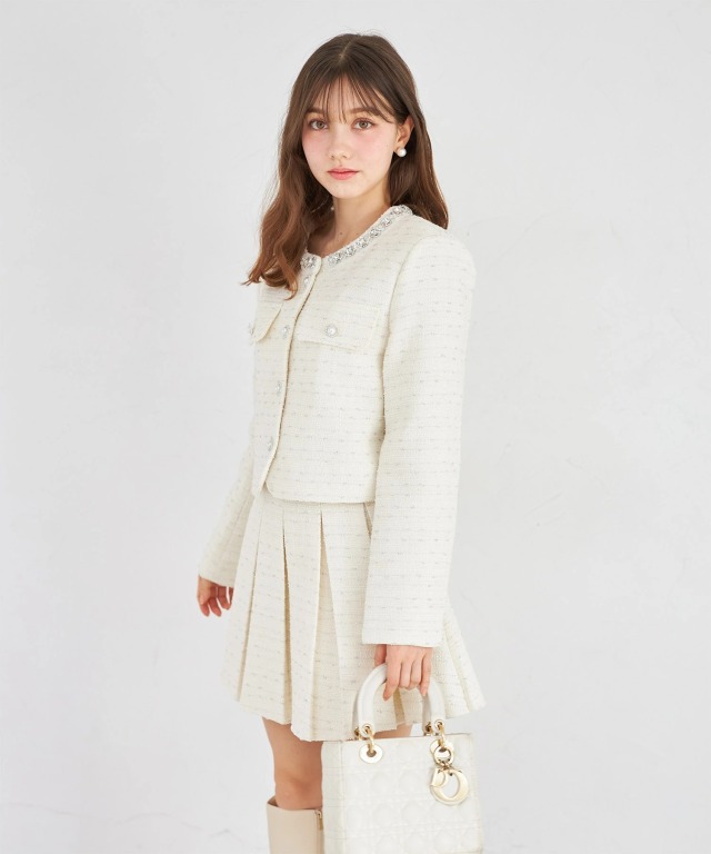 スプリングフェザー付きツイードジャケット×ミニスカートセットアップ