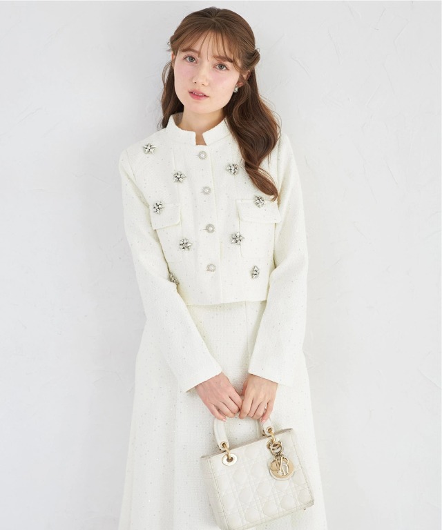 ビジュー付きスパンコールツイードジャケット×ワンピースセットアップ