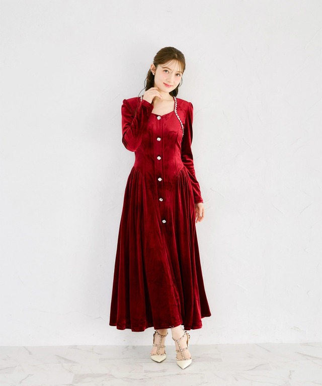 ウエストリボン付きクリアビジュー装飾ベロアワンピース