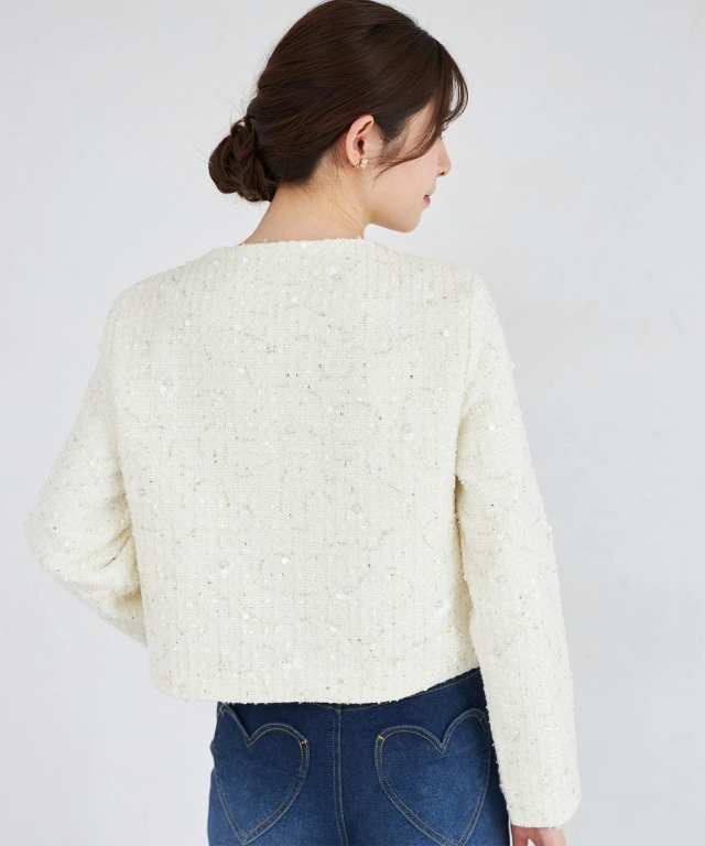 フラワービジュー釦スパンコールツイードジャケット