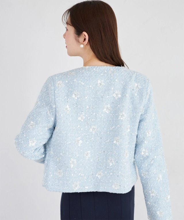 大きいサイズ✨レオナール ジャケット ツイード　トリム 44 2XL 水色 花 大きいサイズ✨レオナール ジャケット ツイード トリム 44 2XL 水色 花