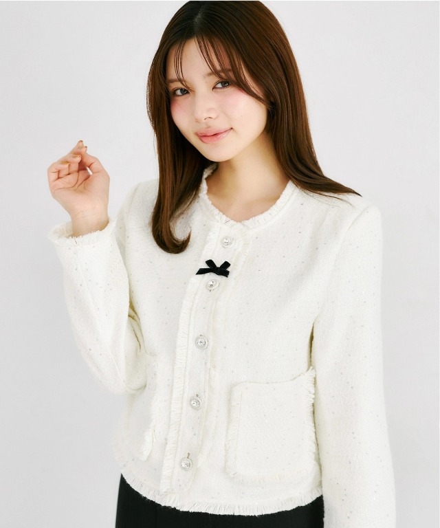 リボン×ビジュー釦スパンコールツイードジャケット