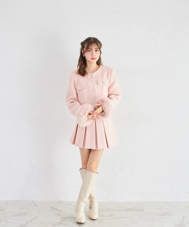 ファーティペット付きツイードジャケット×ミニスカートセットアップ