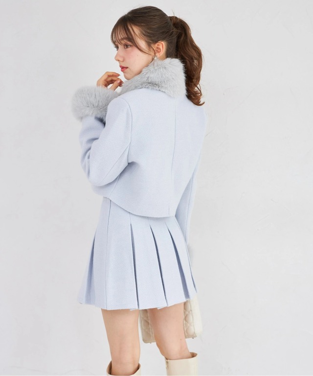 ファーティペット付きツイードジャケット×ミニスカートセットアップ
