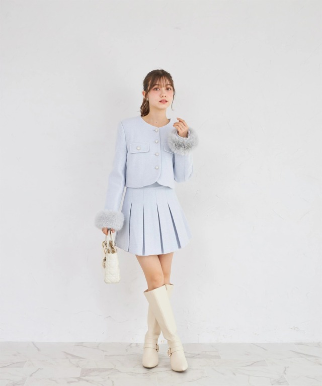 ファーティペット付きツイードジャケット×ミニスカートセットアップ