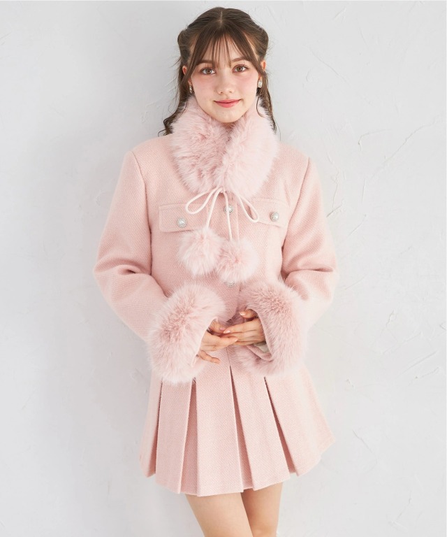 ファーティペット付きツイードジャケット×ミニスカートセットアップ