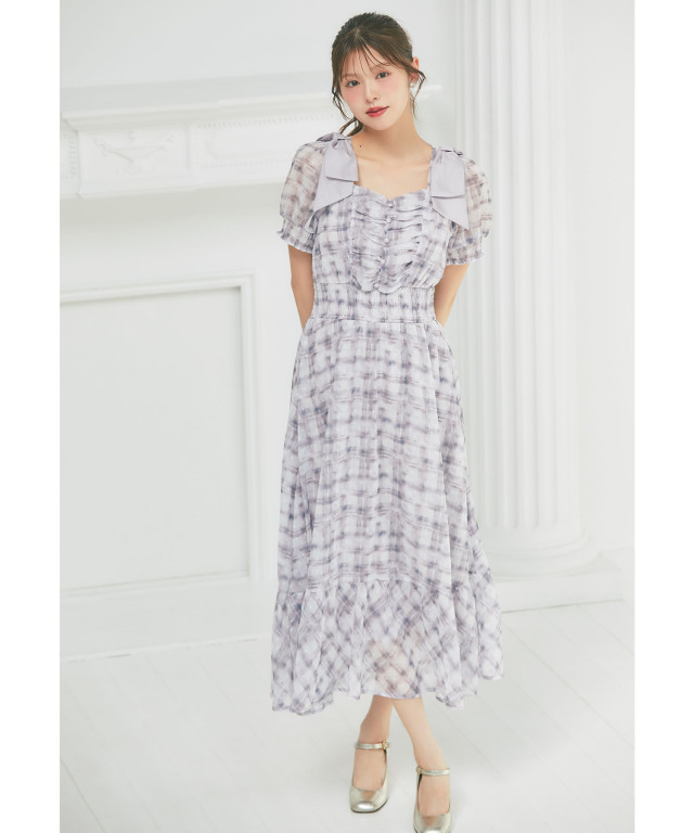 肩リボン付きシャーリングシアージャガードチェックワンピース