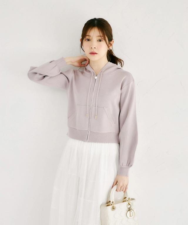 パールファスナー付きスカラップカットボンディングニットパーカー