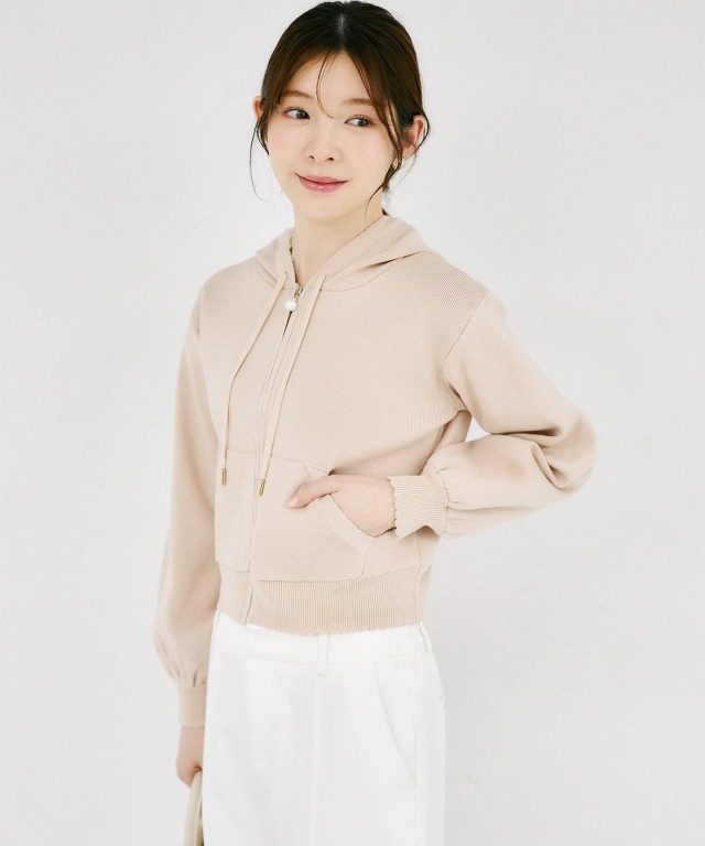 パールファスナー付きスカラップカットボンディングニットパーカー