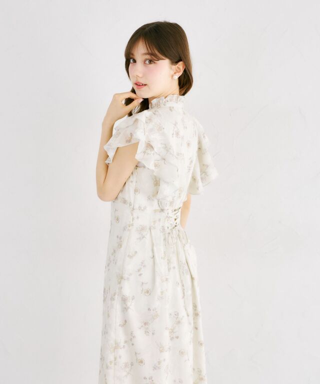 ココ♡ページ シアージャガード×フラワープリントラッフルフリルバックレースアップ