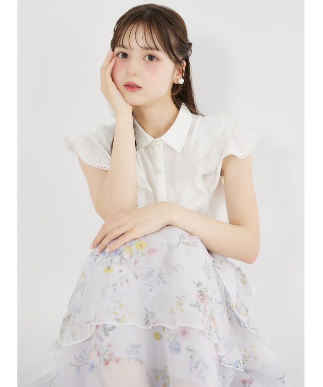 ラメ楊柳フラワープリントアシメフリルティアードスカート