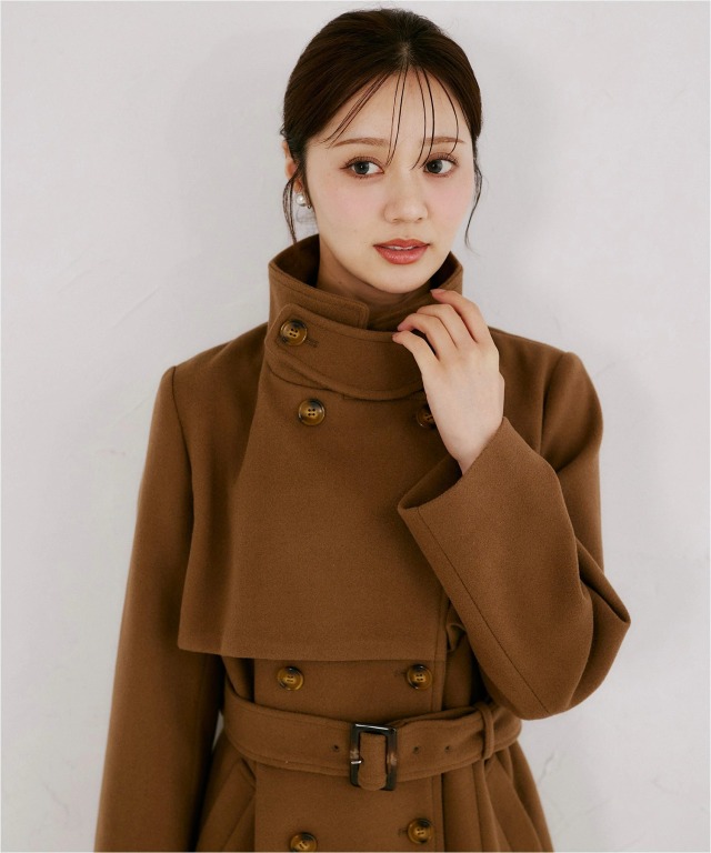 2WAYスロートタブ付きスタンドネックベルテッドロングコート