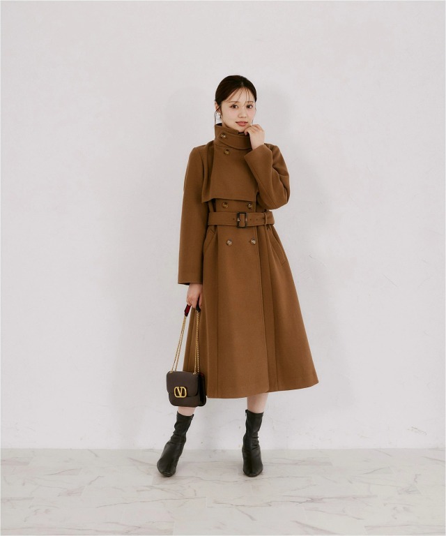 2WAYスロートタブ付きスタンドネックベルテッドロングコート