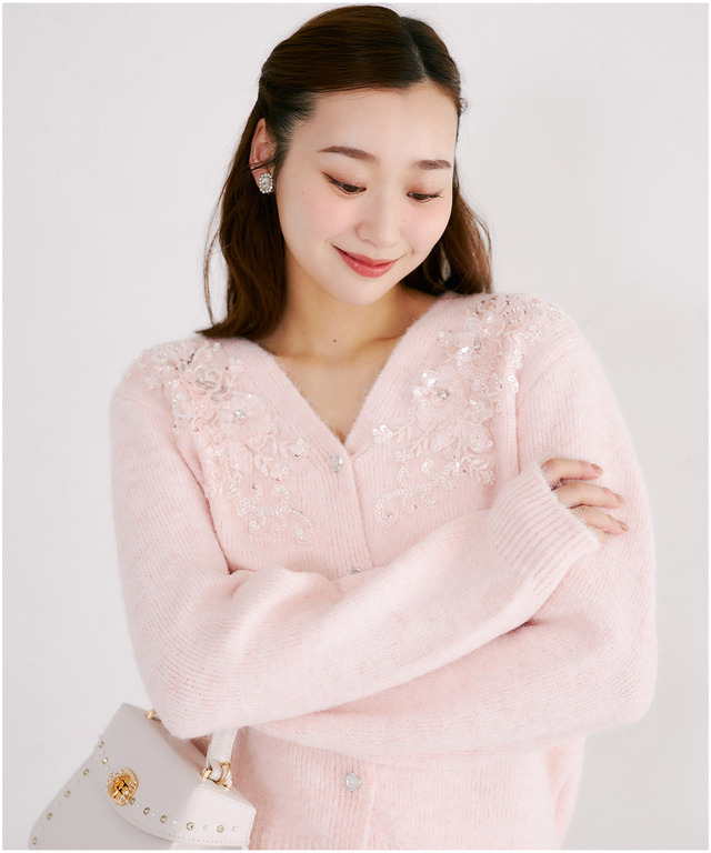 立体フラワースパンコールビーズ刺繍ニットカーディガン