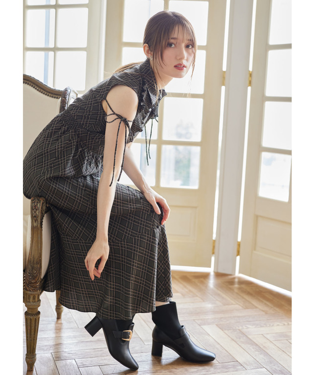 リボン付きプリーツフリル切り替えチェック柄シャツワンピース リボン付きプリーツフリル切り替えチェック柄シャツワンピース