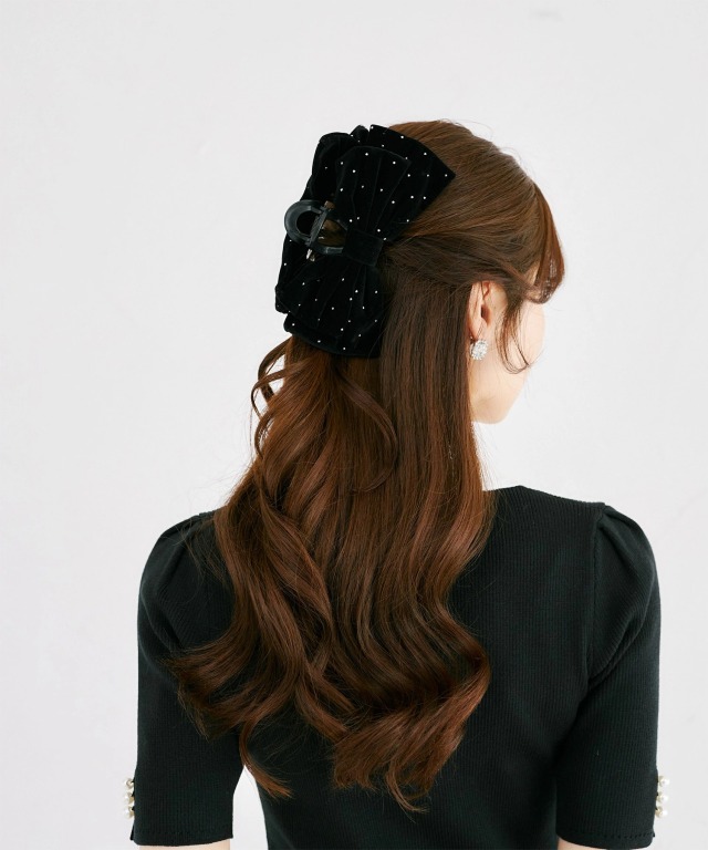 acca黒のクリスタルストーン付きリボンベロアとサテンのカチューシャ ストーン付きリボンベロアヘアクリップ