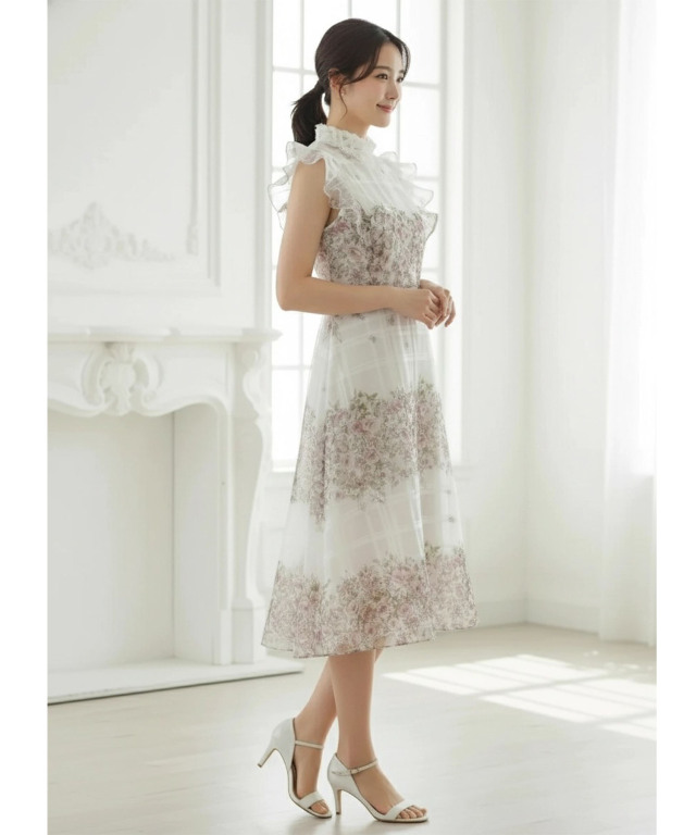 可憐さと品格を両立するレース襟付きシアーチェックパネルフラワー