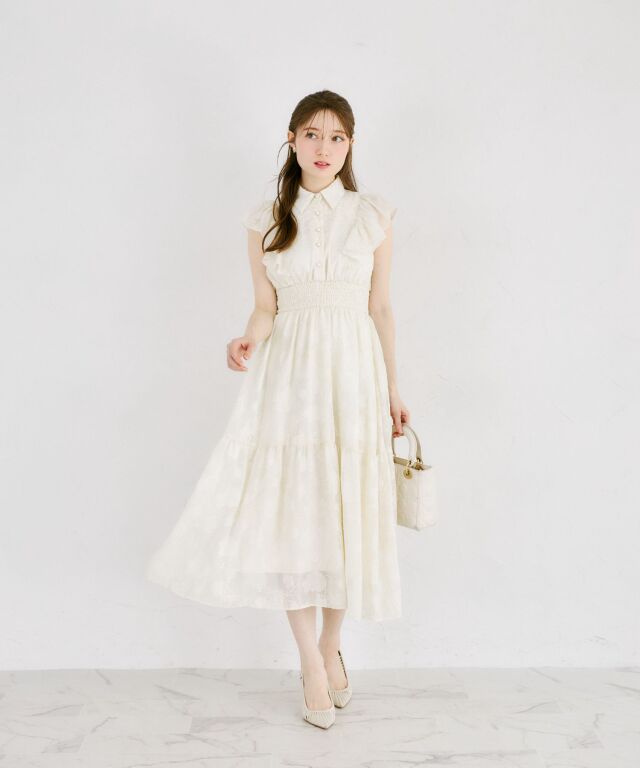 ozz on 朧藤ボレロ 立ち襟 フラワー刺繍 アイボリー　シアー素材 理想の美シルエットが叶うシアーフラワー刺繍シャツワンピース