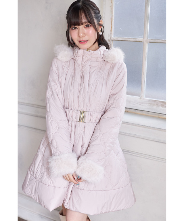 取り外し可能なファー＆ベルト付きリボンキルティングフィット＆フレア