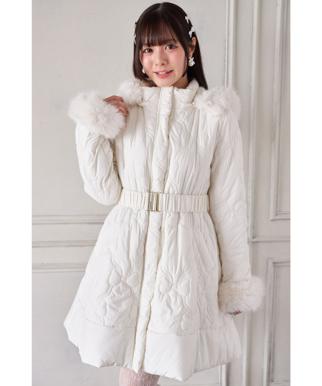 取り外し可能なファー＆ベルト付きリボンキルティングフィット＆フレア