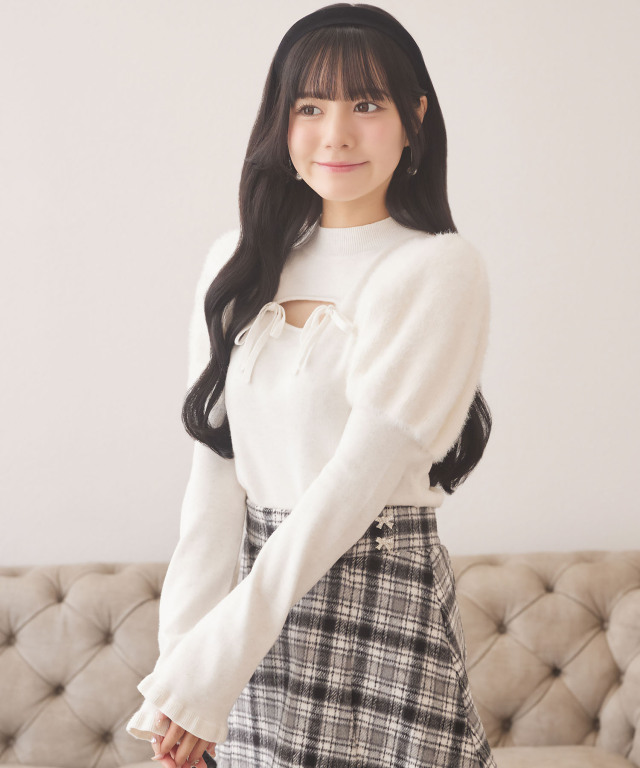 リボン付きパフスリーブラメシャギーニットプルオーバー