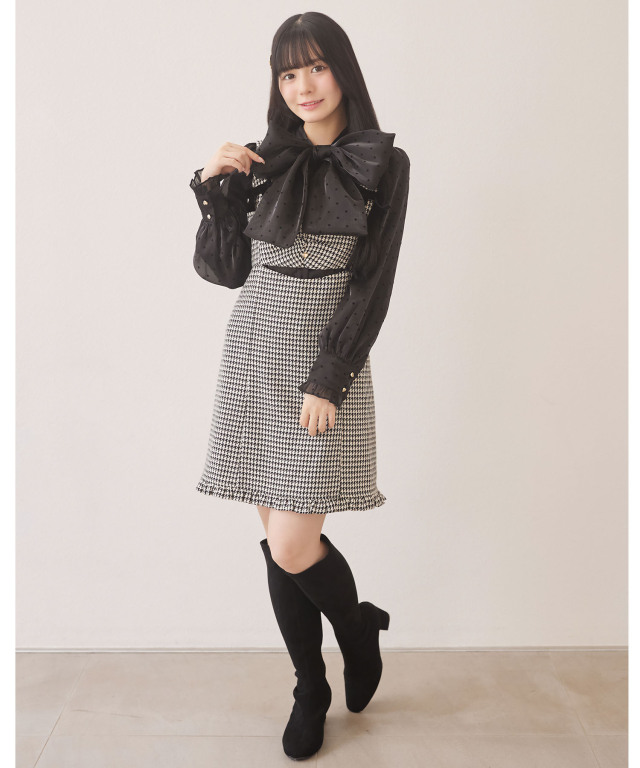 ハート釦ボウタイリボン付きハートフロッキーブラウス