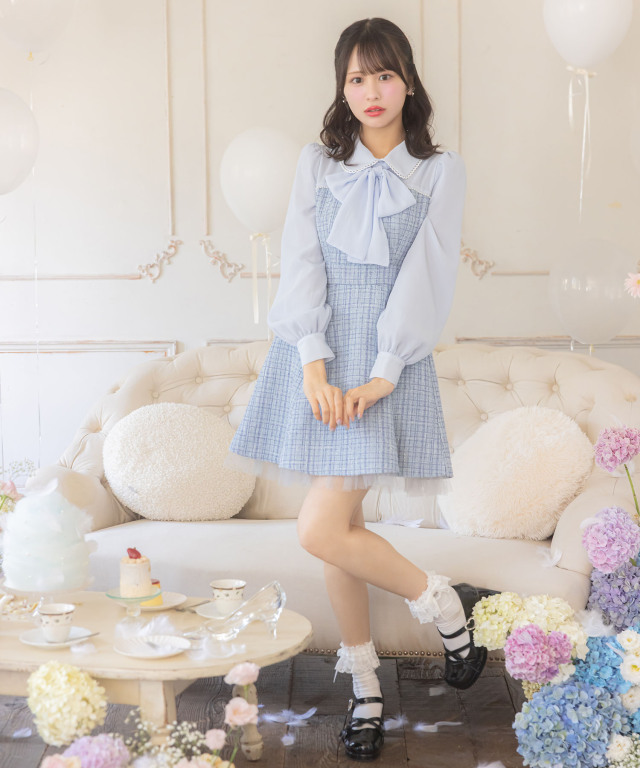 2WAYリボン付きラメツイードドッキングワンピース